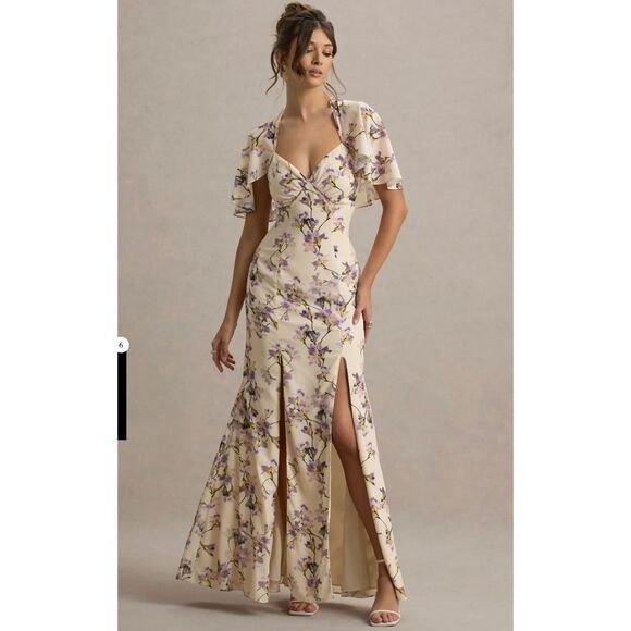 Club L London Floral Print Plunge-Neck Maxi Dress w/ High Front Split | US 4 - Picture 3 of 11